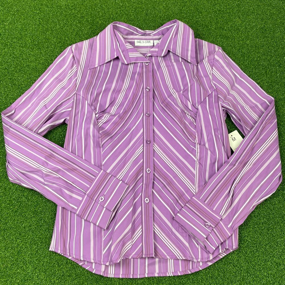 She's Cool Stretch Purple Striped Long Sleeve Button Up Shirt Sz M NWT
